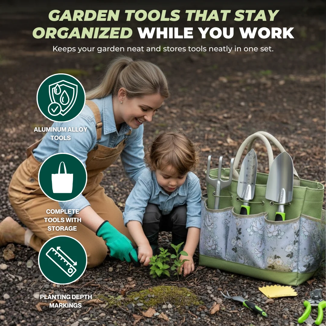 Garden Tool Set with Handles, Tote Bag Organizer, Plant Tags