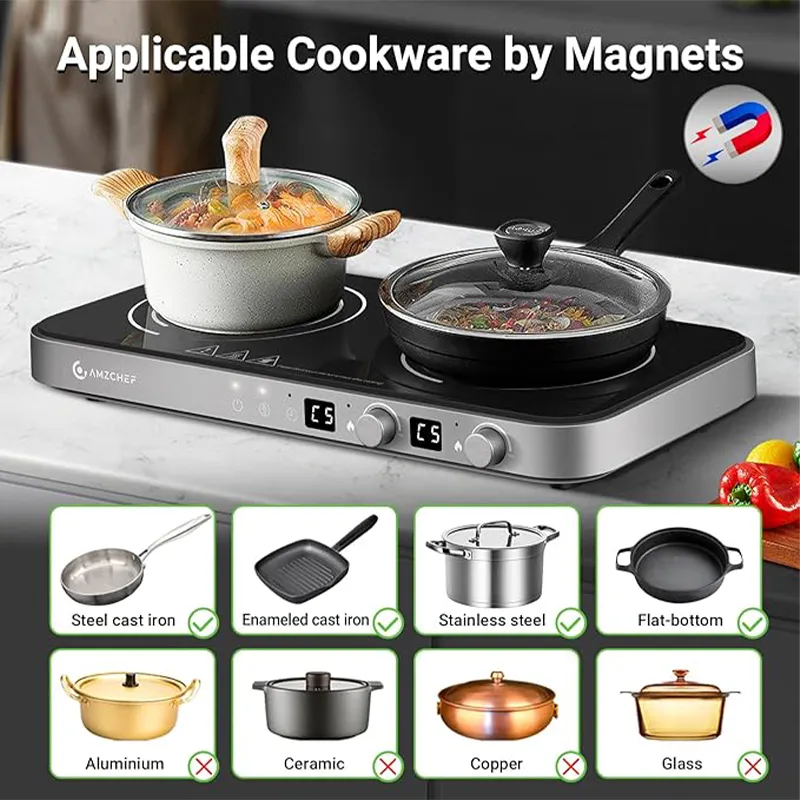 AMZCHEF 1800W 2-Burner Induction Cooktop with Removable Griddle Pan | 9 Power Levels 4