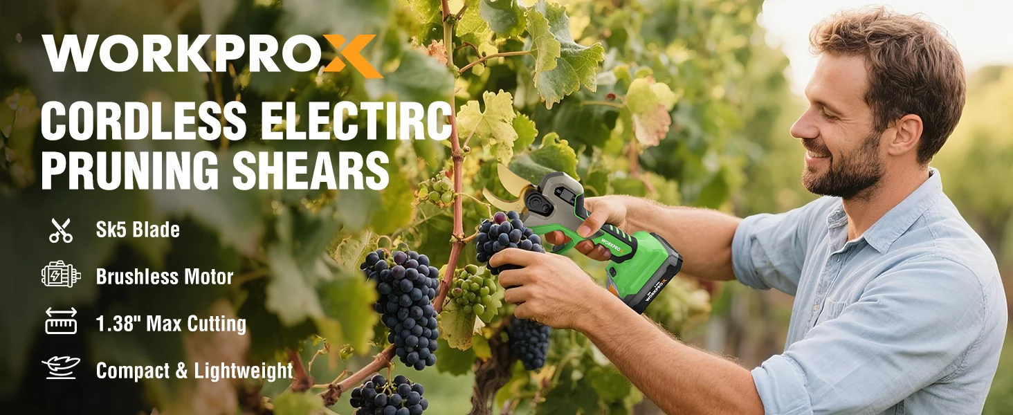 Cordless electric pruning shears in a vineyard, with a man trimming grape vines and leaves in green light
