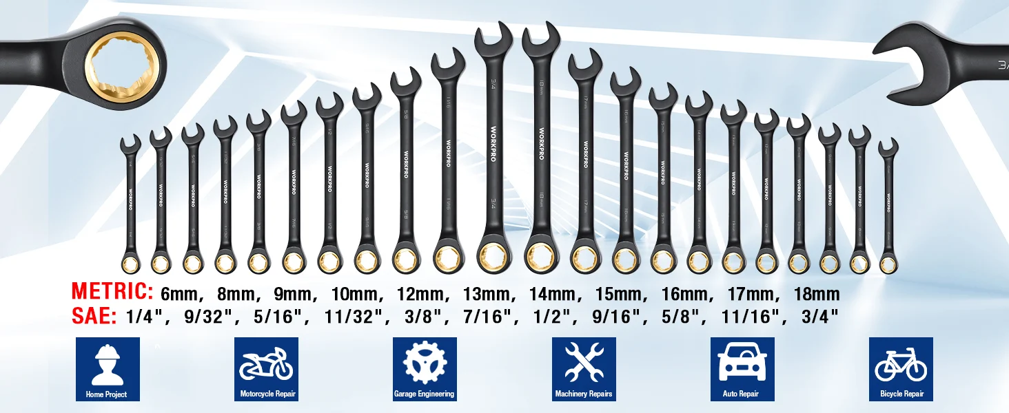 A set of open end wrenches with metric and SAE sizes shown, with innovation and quality in durable tools