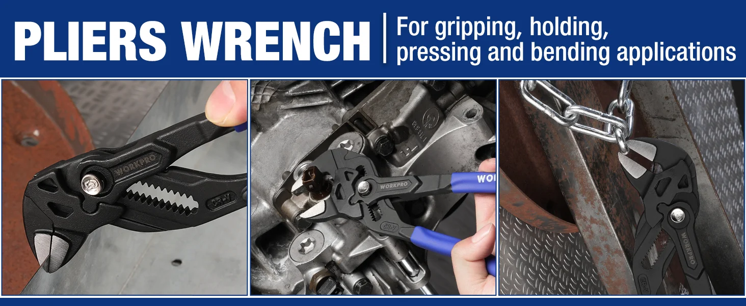 Pliers wrench tool with jaws for gripping, holding, pressing, and bending applications, showing innovation and quality