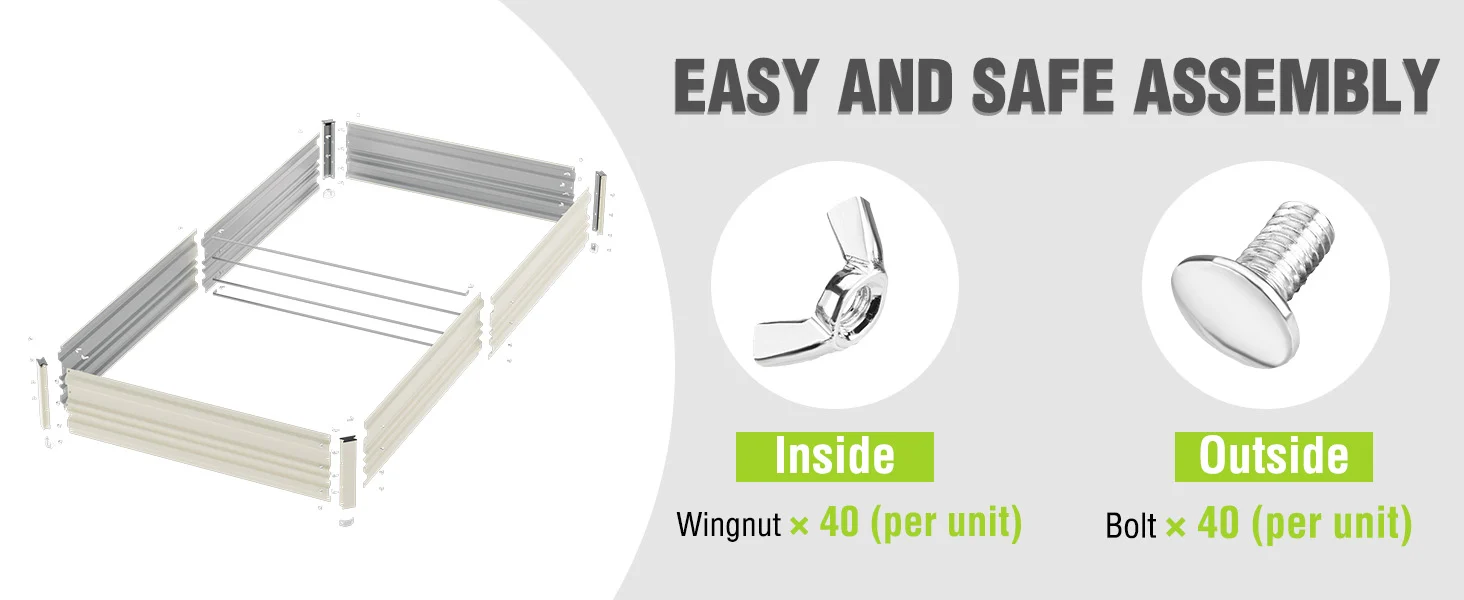Metal frame bed rails with Wingnut and Bolt fasteners, showing easy and safe assembly text and parts