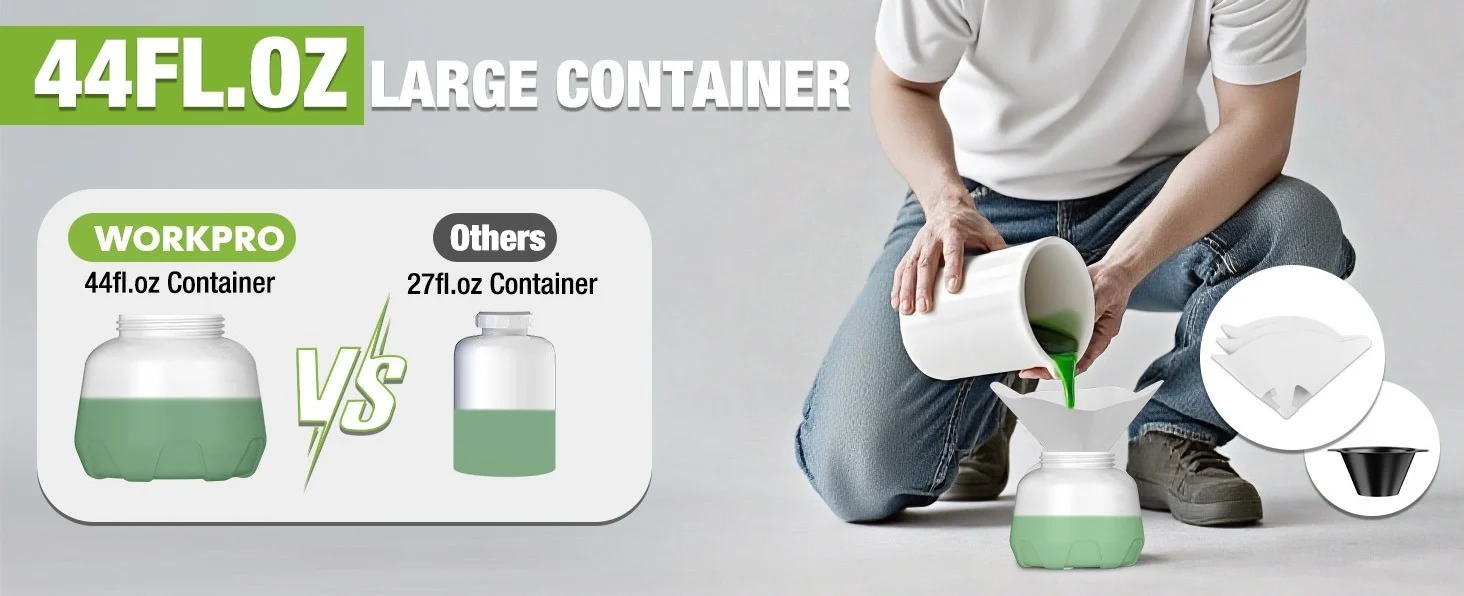 Large container comparison graphic with a person pouring green liquid into a 44fl.oz container