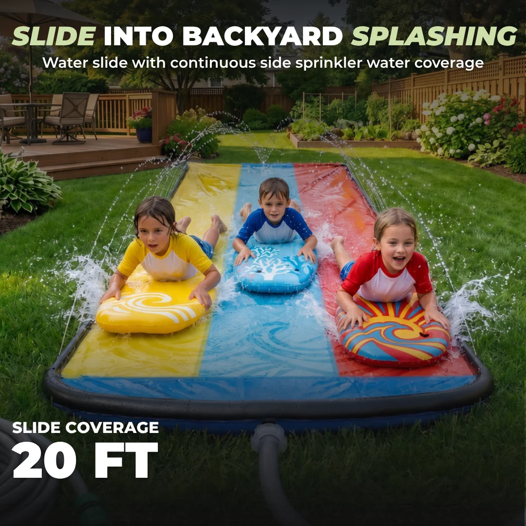 20 ft Triple Lane Backyard Water Slide with 3 Bodyboards Set