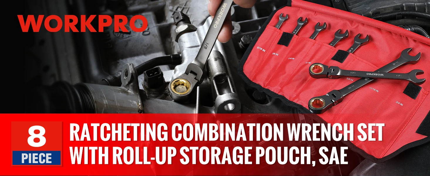 Ratchet wrench set with roll up storage pouch, showing tools on a car engine bay with innovation and quality