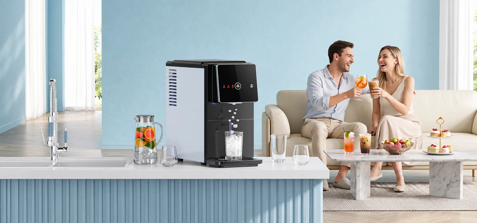 Kismile countertop nugget ice maker on a kitchen island with a couple enjoying drinks nearby