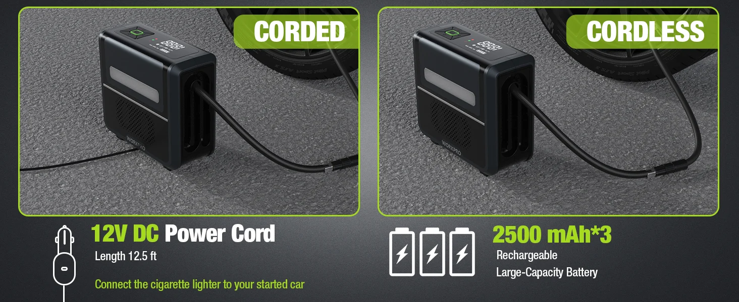 Portable power adapter with innovation and quality, showing a cordless device on grey fabric with 12V DC cord