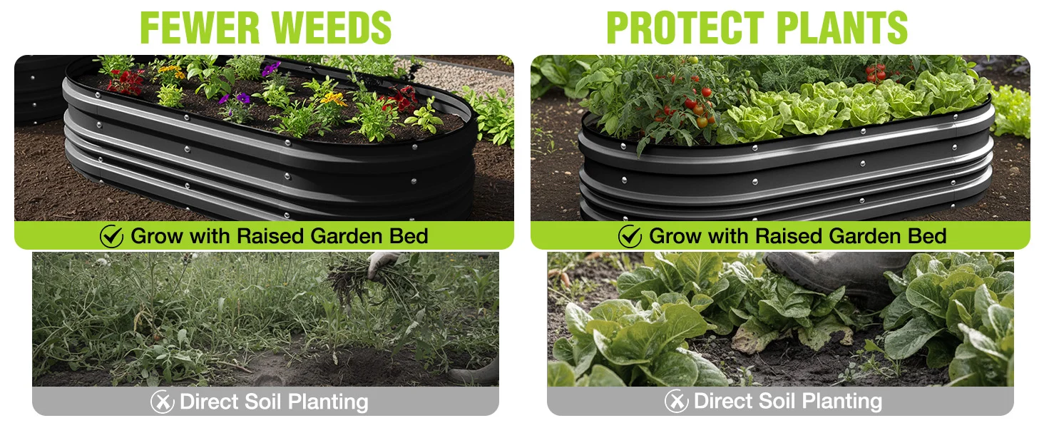 Raised garden bed with leafy plants and soil, showing fewer weeds and protected plants in a split layout