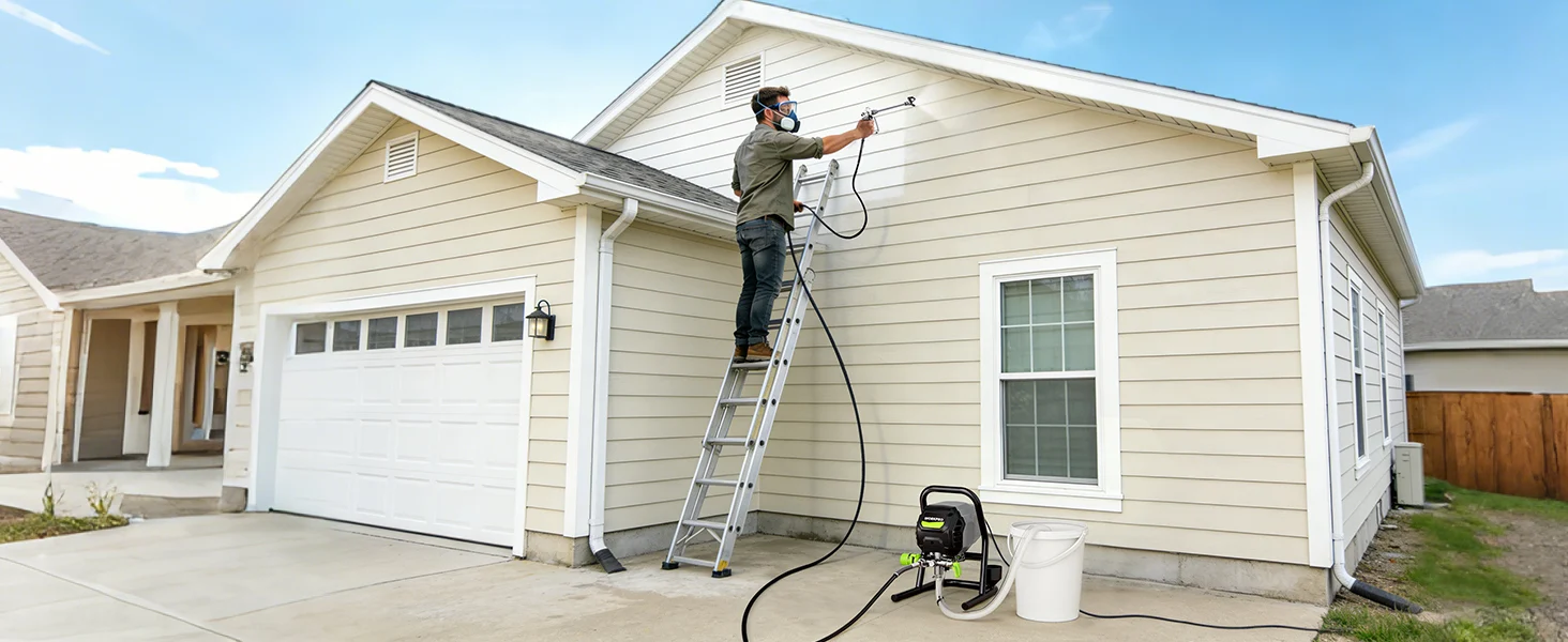 Worker pressure washing a house exterior, innovation and quality shown by clean siding and careful setup