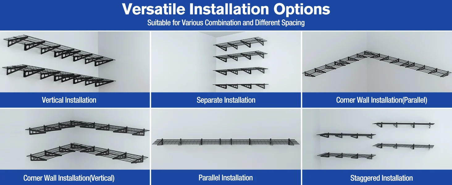 Black metal cable tray sections shown for vertical, separate, corner wall, parallel, and staggered installation