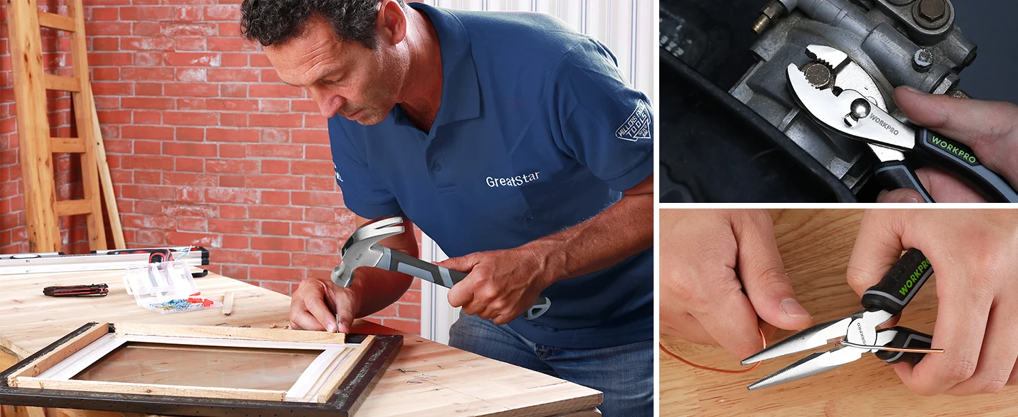 Worker cutting wooden frame with a power tool, showing innovation and quality in a workshop setting