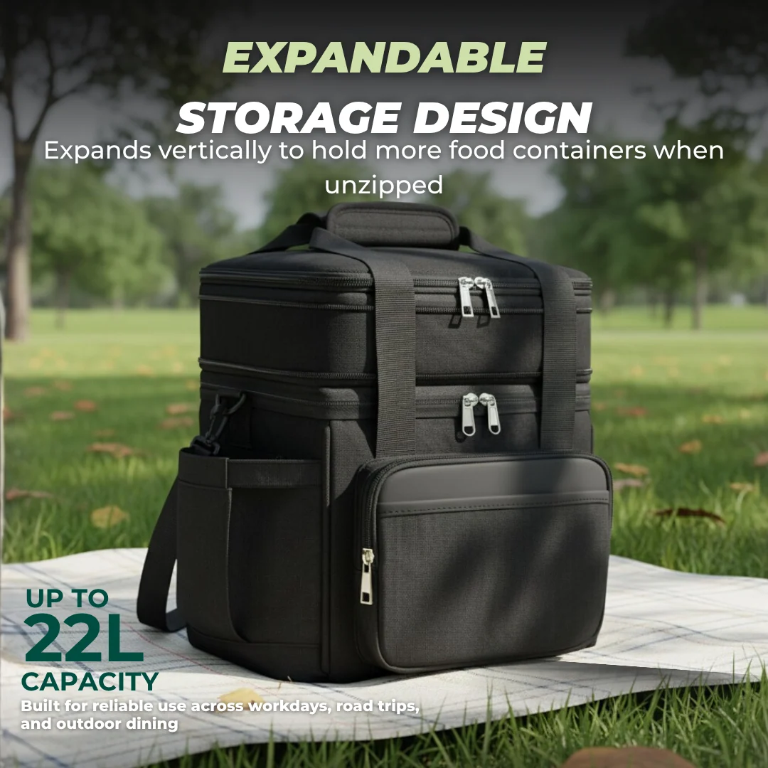 Insulated Dual-Layer Lunch Bag with Expandable 15L and 22L Capacity