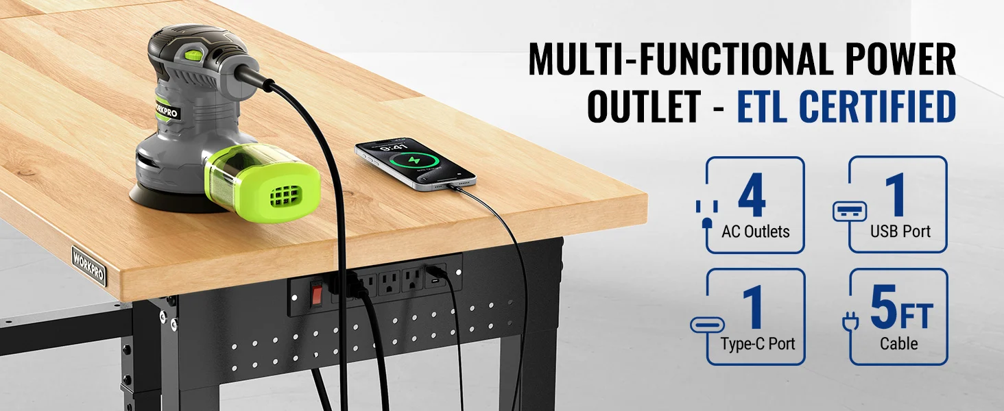 Power tool on a wooden workbench with innovation and quality shown beside AC outlets, USB, Type C, and cable