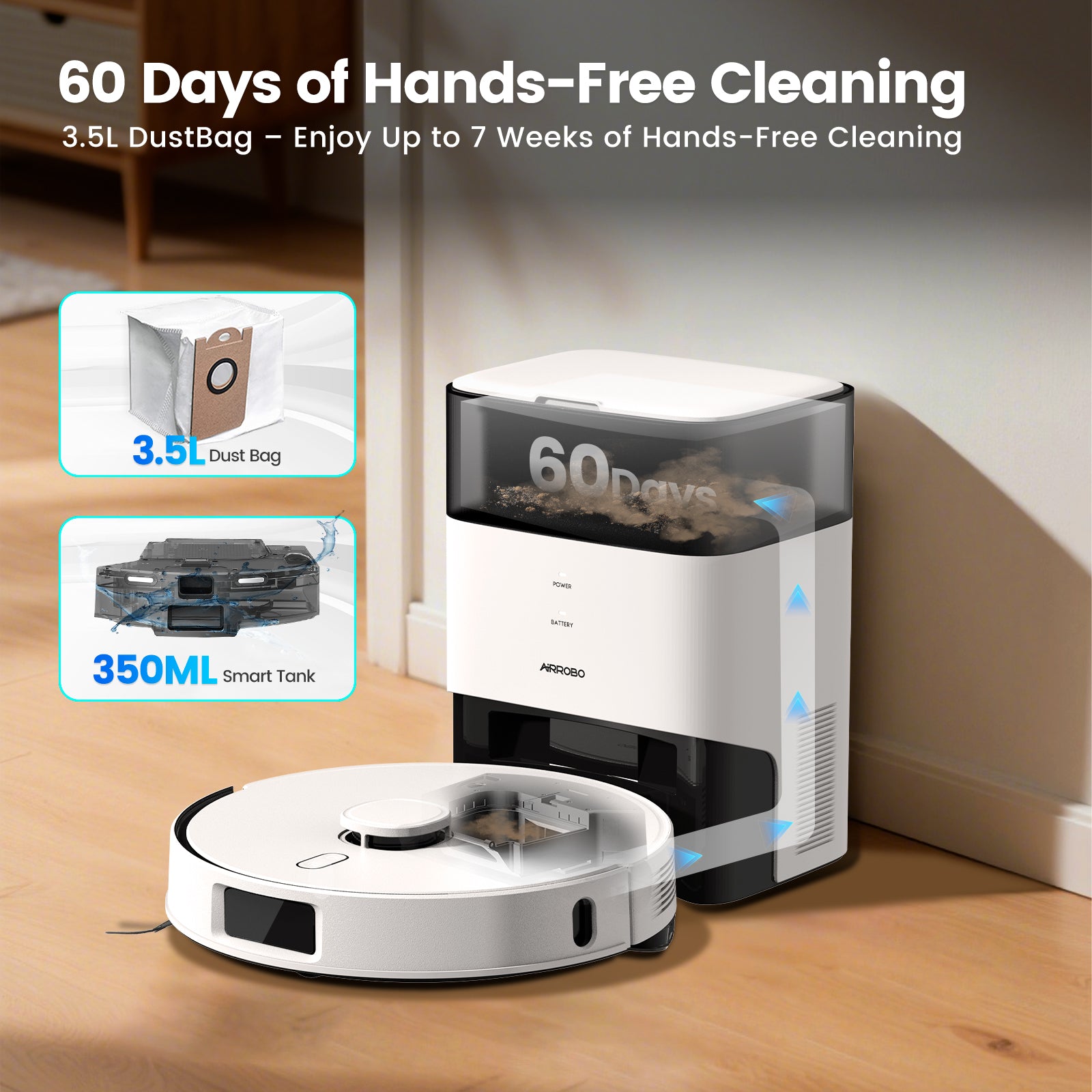 AIRROBO L60+ Self-Empty Robot Vacuum and Mop Cleaner with Ultrasonic Carpet Detection,12,000Pa Suction,Laser Obstacle Avoidance,300min Long Runtime