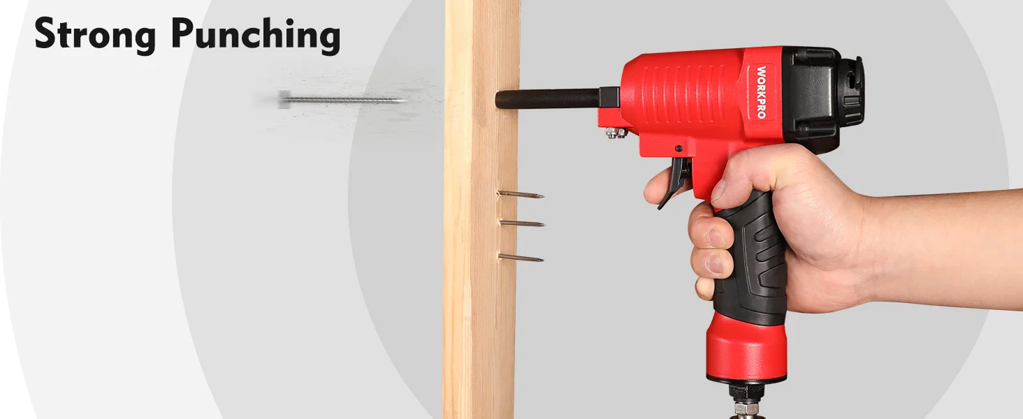 Hand holding a red and black power tool drilling into wood, showing strong punching and quality construction