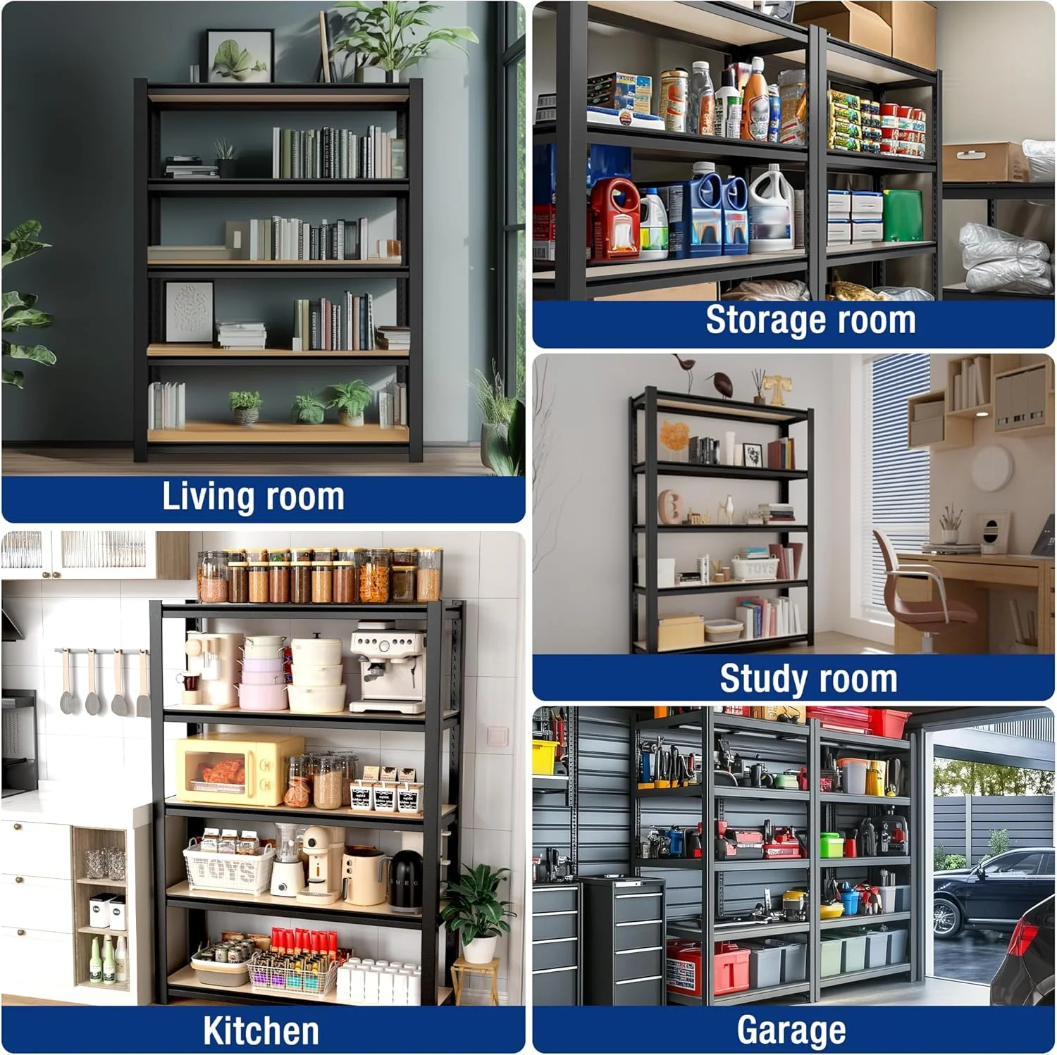 WORKPRO 5-Tier Heavy Duty Metal Particle Board Shelving Unit, 36.2"Wx16.5"Dx72"H, 3000lbs Capacity - Black - Image 7