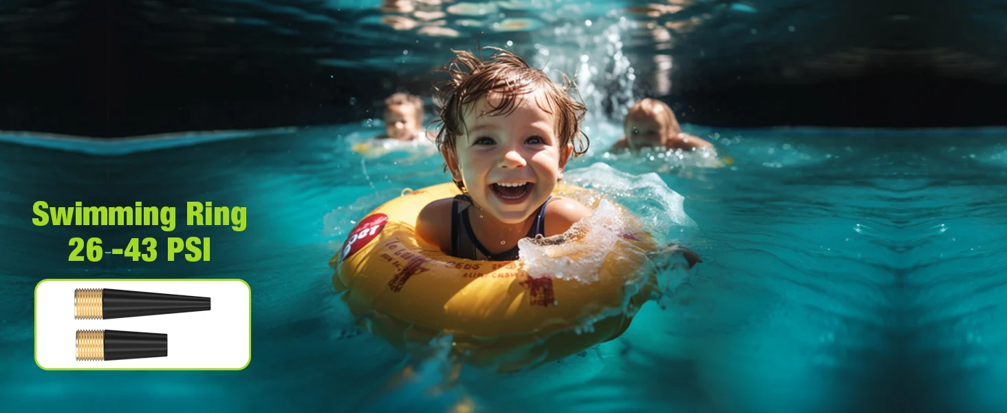 Baby swimming in a pool with a yellow ring, water splashing, with innovation and quality shown on screen