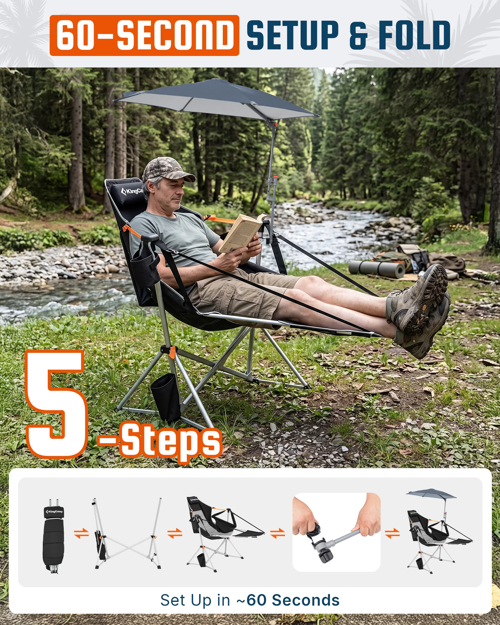 KingCamp Orchid C20 Hammock Chair with Footrest & HoverShade Clip-On Umbrella Bundle