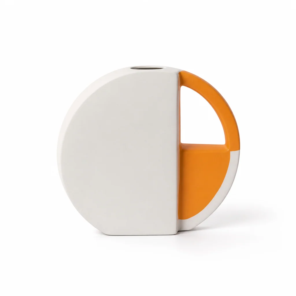 Vase Flat Disc Two-Tone Orange & White Matte Finish - Image 2
