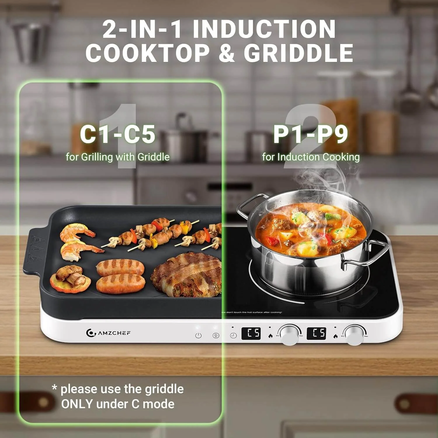AMZCHEF Double Induction Cooktop with Removable Iron Cast Griddle Pan White 2