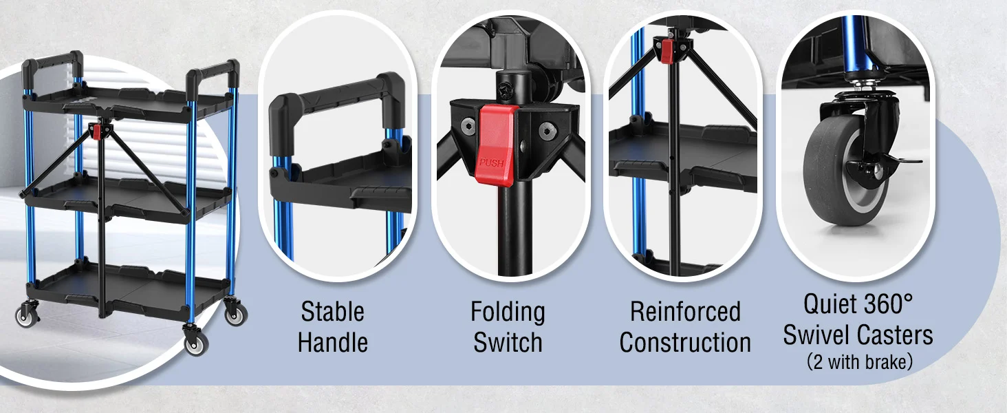 Rolling cart with blue frame and black shelves, innovation and quality, durable reinforced construction, quiet 360 swivel casters