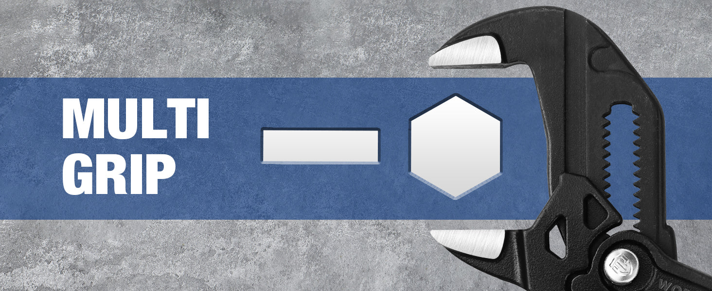 Multi grip wrench with textured jaw, innovation and quality shown on a blue and gray background