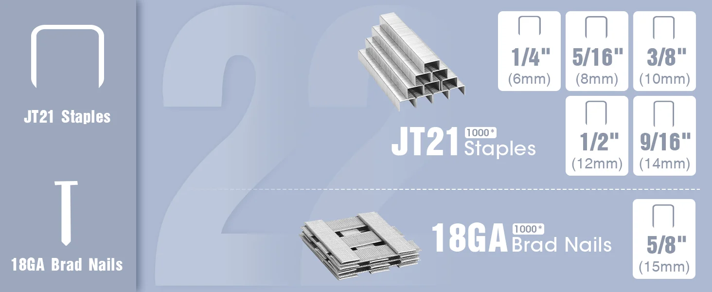 JT21 staples and 18GA Brad nails shown with size labels 14 inch, 516 inch, 38 inch, and 916 inch