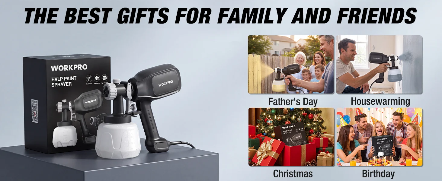 Paint sprayer set on a table with gift themes for innovation, quality, and secure, durable, convenient use