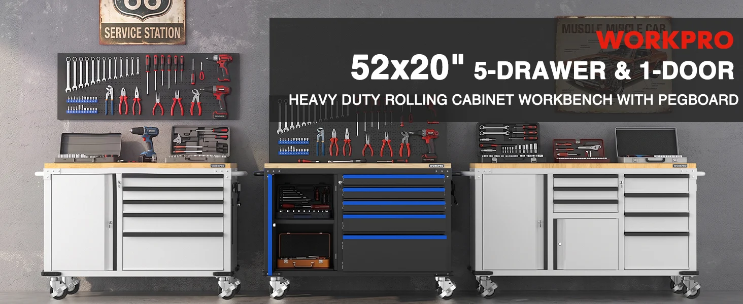 Tool cabinet workbench with open drawers and doors, pegboard panels, and visible tools for innovation and quality