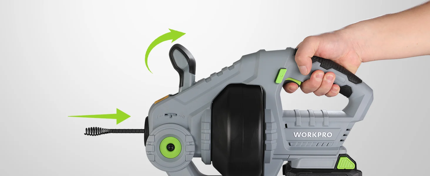 Hand holding a gray power tool with a spring and green arrows, showing innovation and durable quality