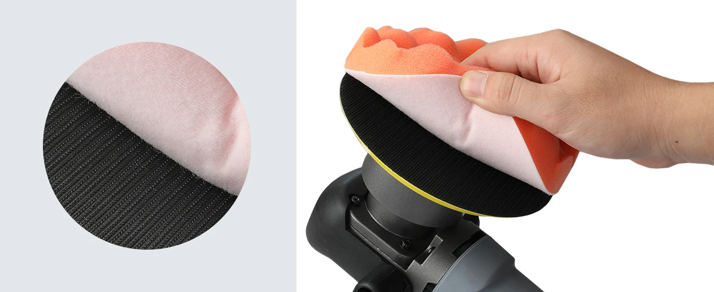 Hand holding a foam wheel buffer with a black abrasive pad and soft orange cushion, showing quality innovation