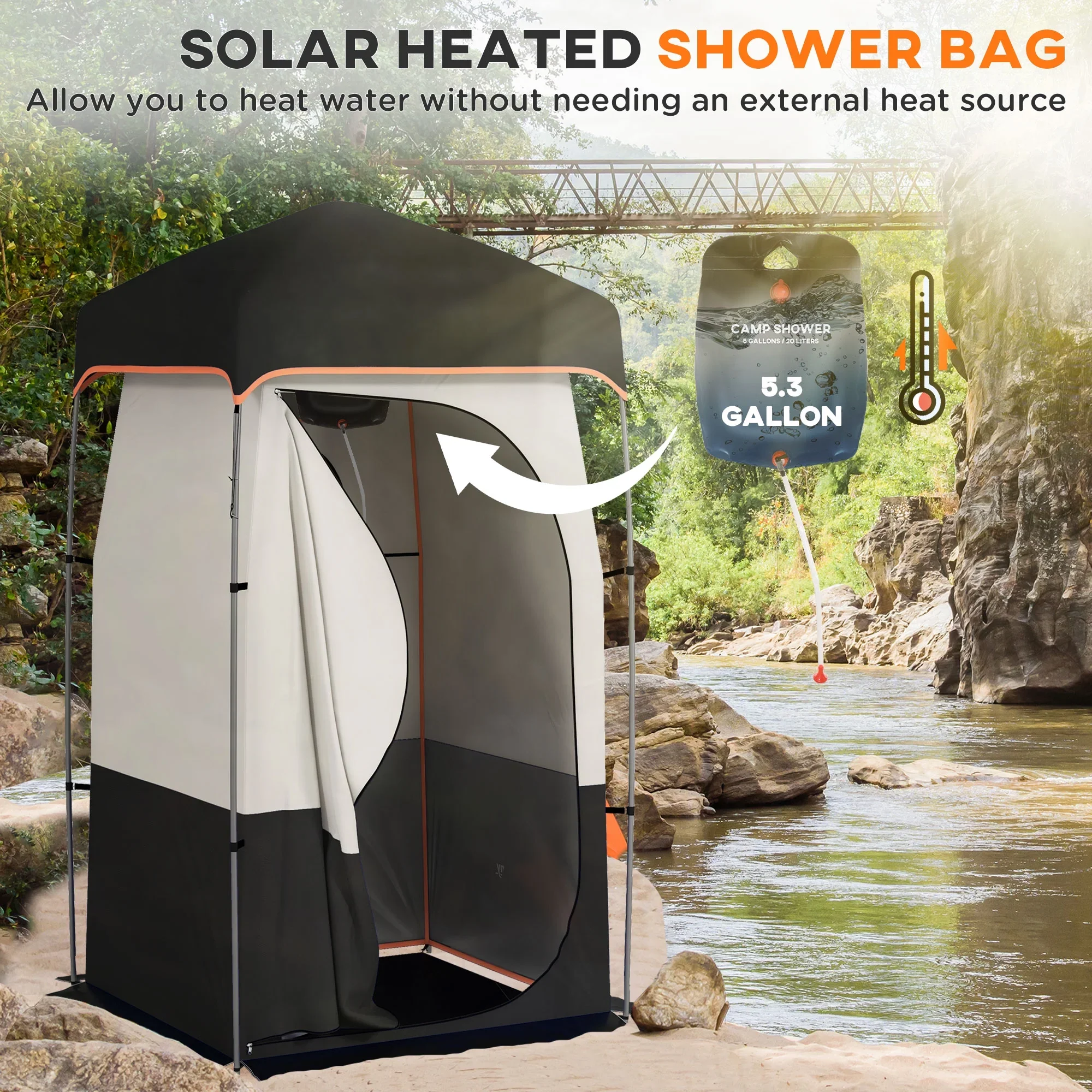 E-Western Outsunny Portable Shower Tent with Solar Shower Bag, Privacy Shelter, Camping Dressing Room, Includes Floor & Carrying Bag, Black, 28.7" x 6.7" x 6.7" - Image 6