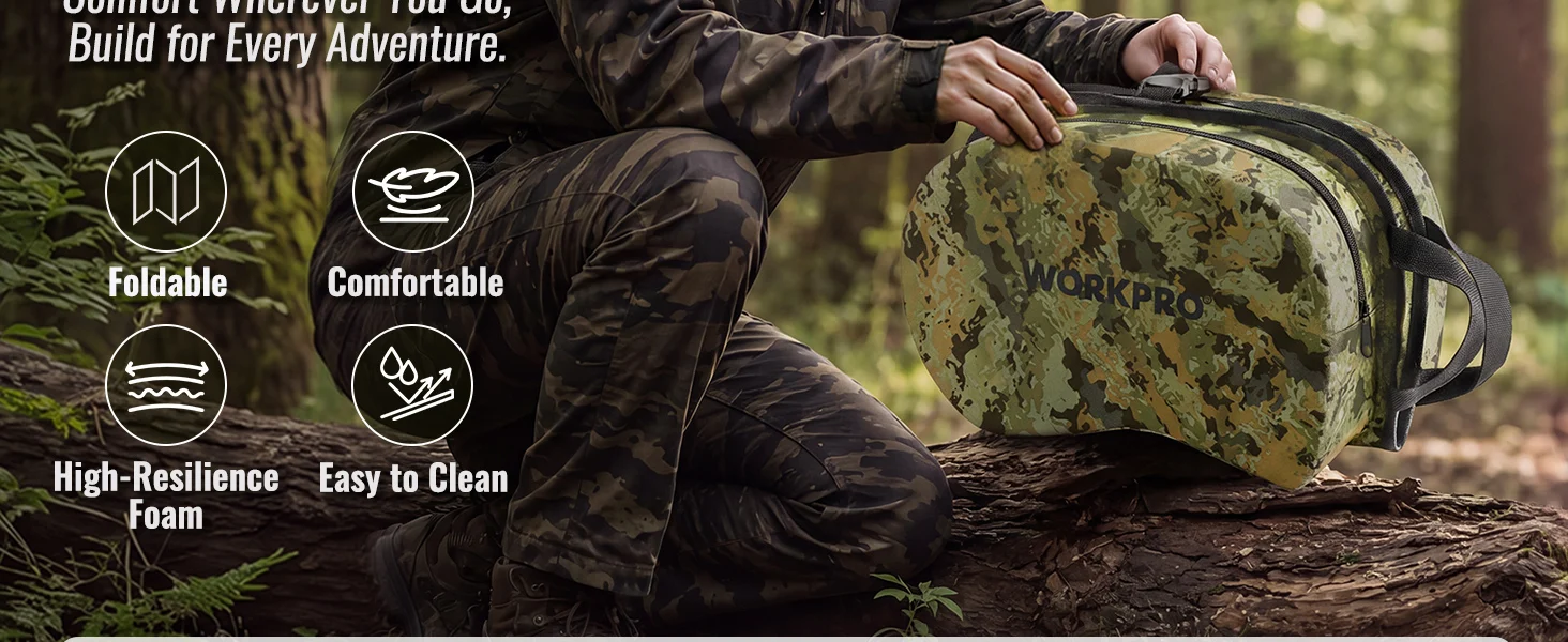 Camouflage duffel bag on a log outdoors, with innovation and quality shown in icons and text