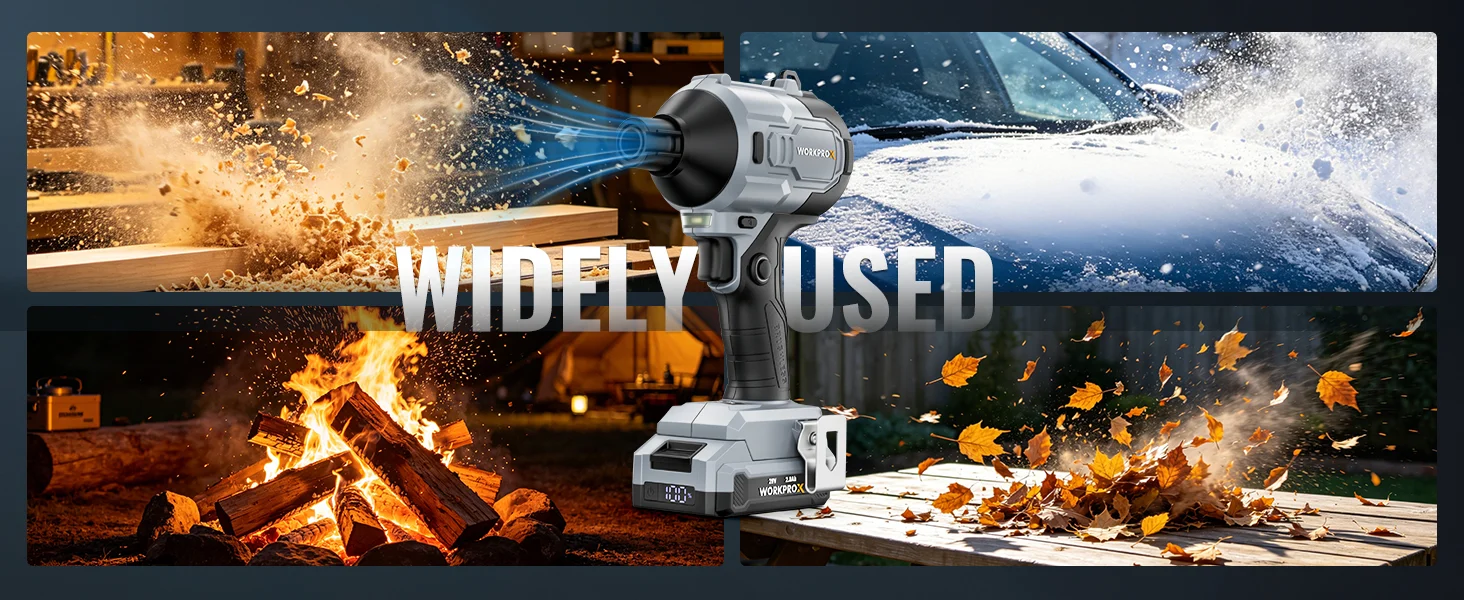 Power tool with sparks and burning wood, and snow and water scenes, showing innovation and durable quality