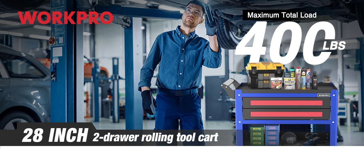 Workshop scene with a blue tool cart, showing 28 inch 2-drawer rolling cart and Maximum Total Load 400 lbs
