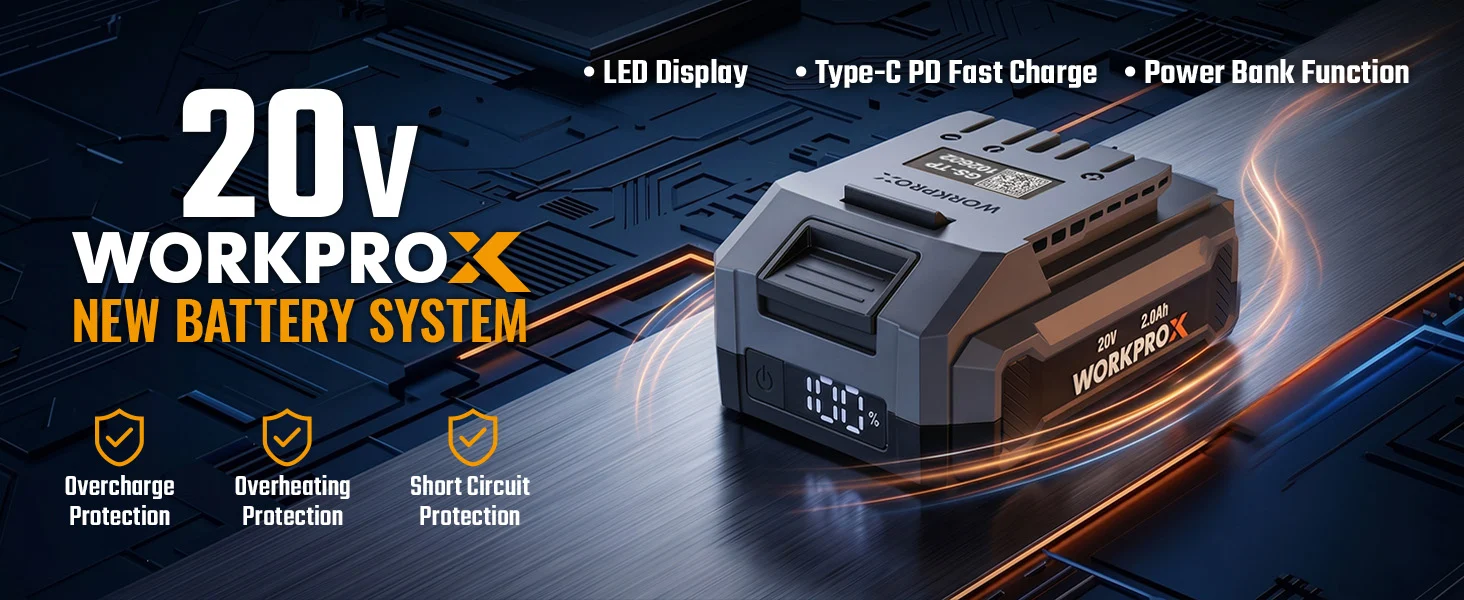 20V Workpro battery system with LED display, Type C PD fast charge, and power bank function on a circuit board