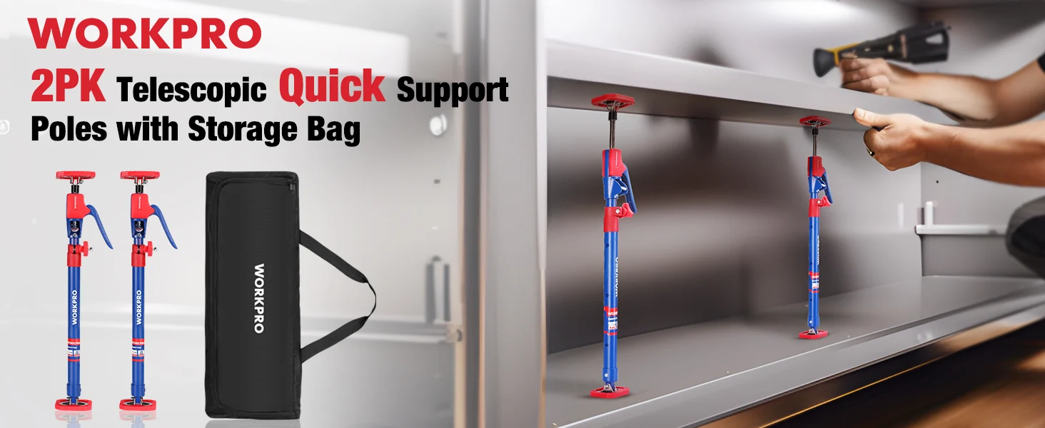 WorkPro telescopic support poles with storage bag, innovation and quality shown in a cabinet installation scene