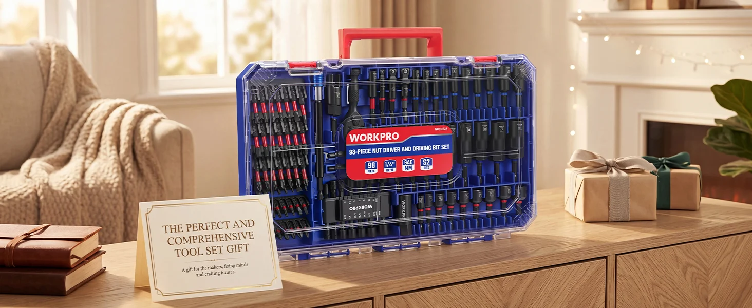 Tool set case with bits and sockets, with innovation and quality shown on the label, on a living room table