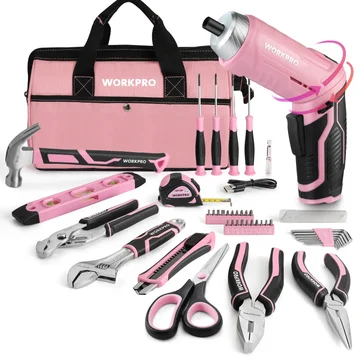 WORKPRO 55-Piece Pink Tool set with Electric Cordless Screwdriver, Basic Tool Kit Set for Women with 13" Portable Tool Bag for DIY Home Repair/Maintenance - Pink Ribbon