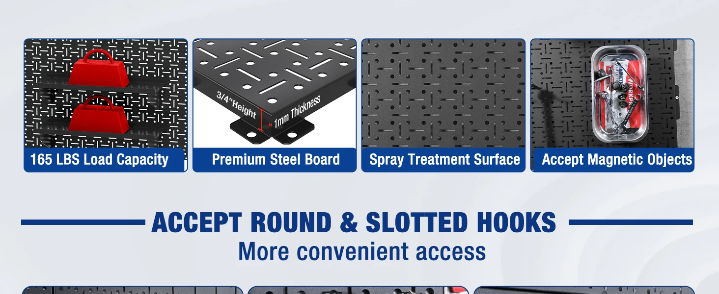 Magnetic steel board with perforated surface and hooks, showing innovation, quality, secure, durable, convenient features