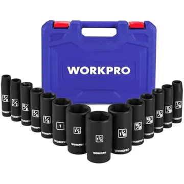 WORKPRO 14-Piece 1/2" Drive Deep Impact Socket Set, 6-Point Impact Deep Socket Set with Heavy Duty Storage Case for Automotive and Mechanical Repairs, 3/8"-1-1/4", Cr-V Steel, SAE