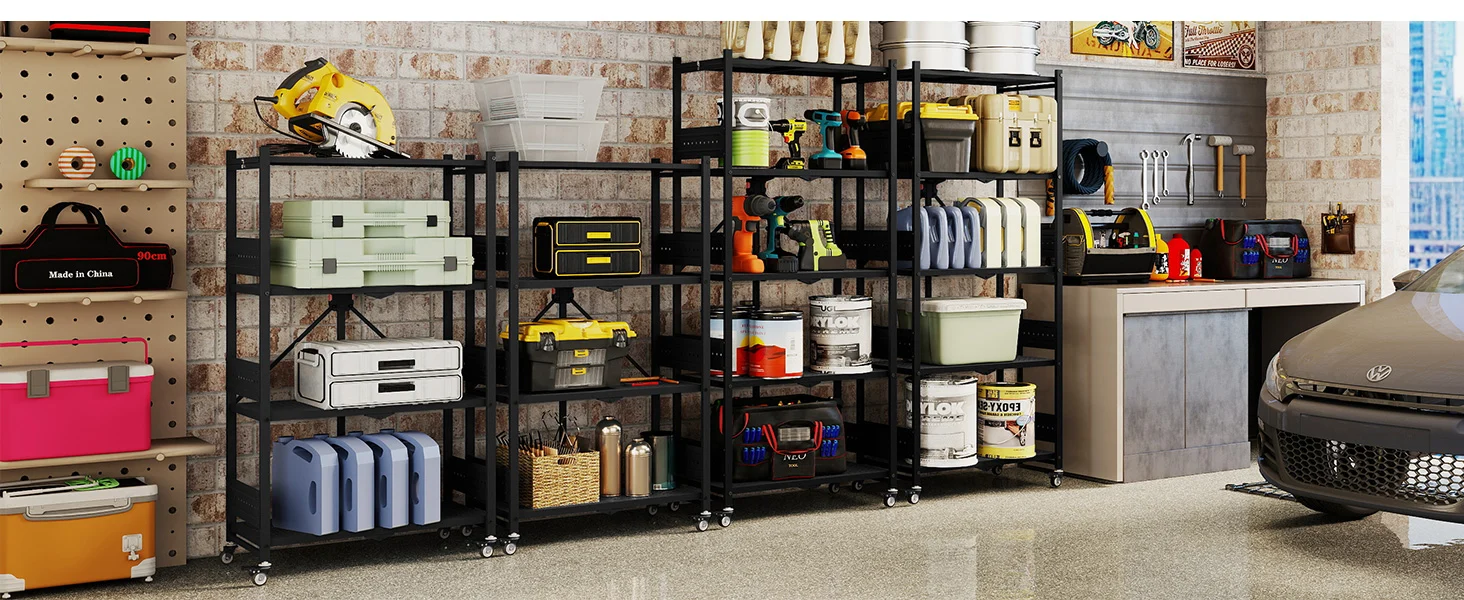 Tool storage shelves in a garage with power tools, bins, and containers on rolling racks by a car