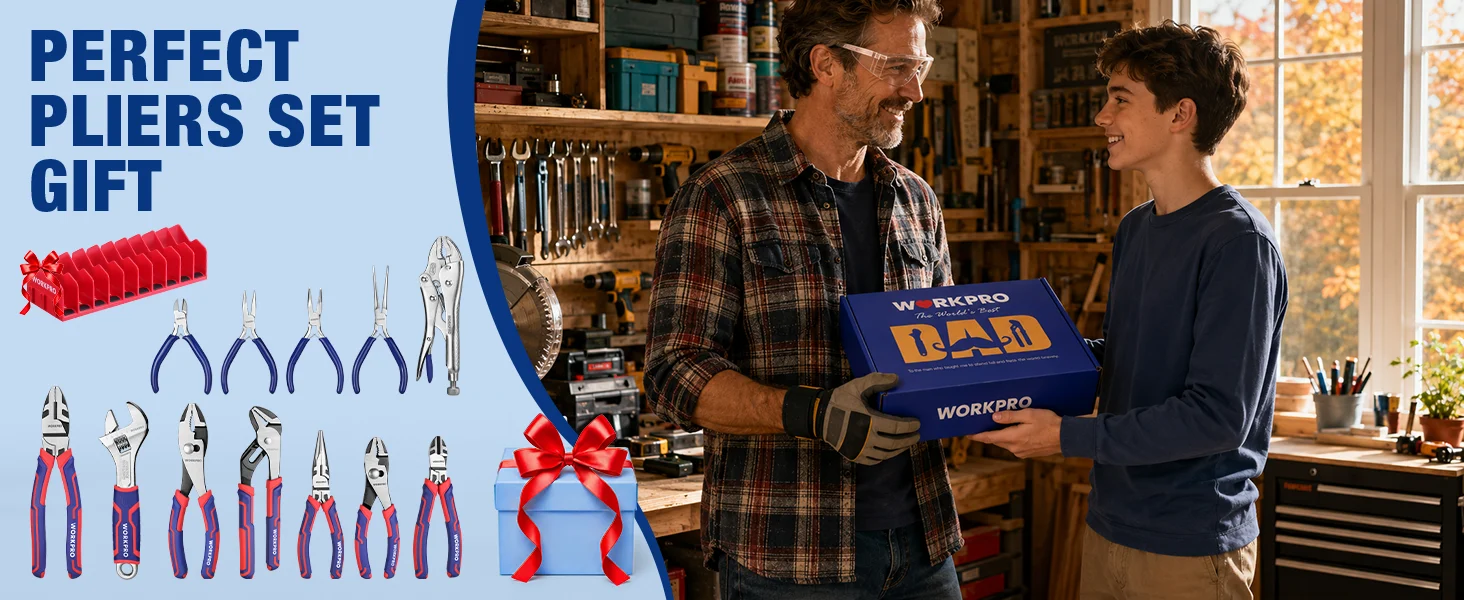 Two people in a workshop holding a tool box and gift set, with pliers and cutters shown on the left