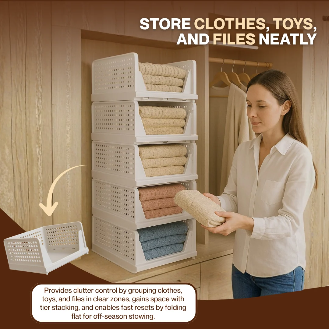 Stackable Closet Organizer Bins 5 Pack with Half Pull Rail, Foldable
