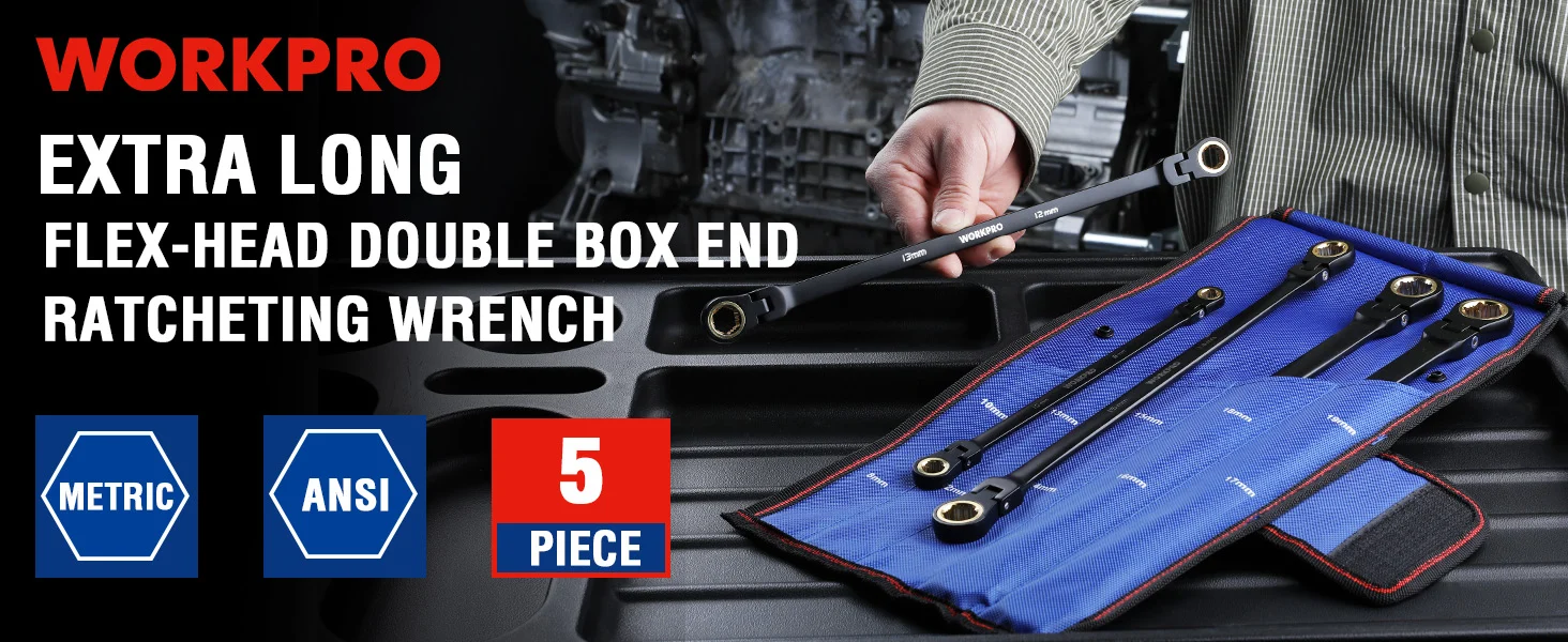 Ratcheting wrench set with blue fabric roll and metal heads, held by a worker, showing innovation and quality