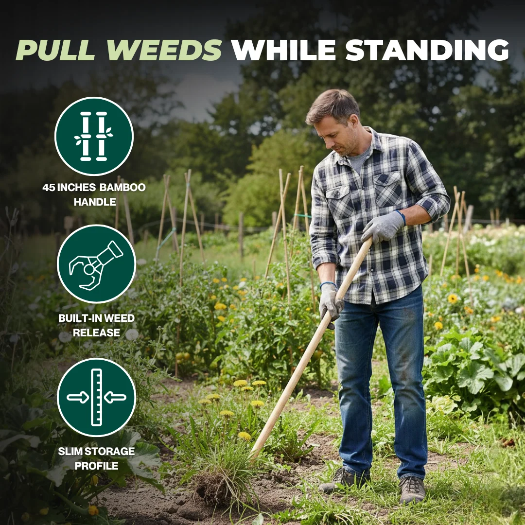 Stand-Up Weed Puller with Bamboo Handle and 4-Claw Steel Head