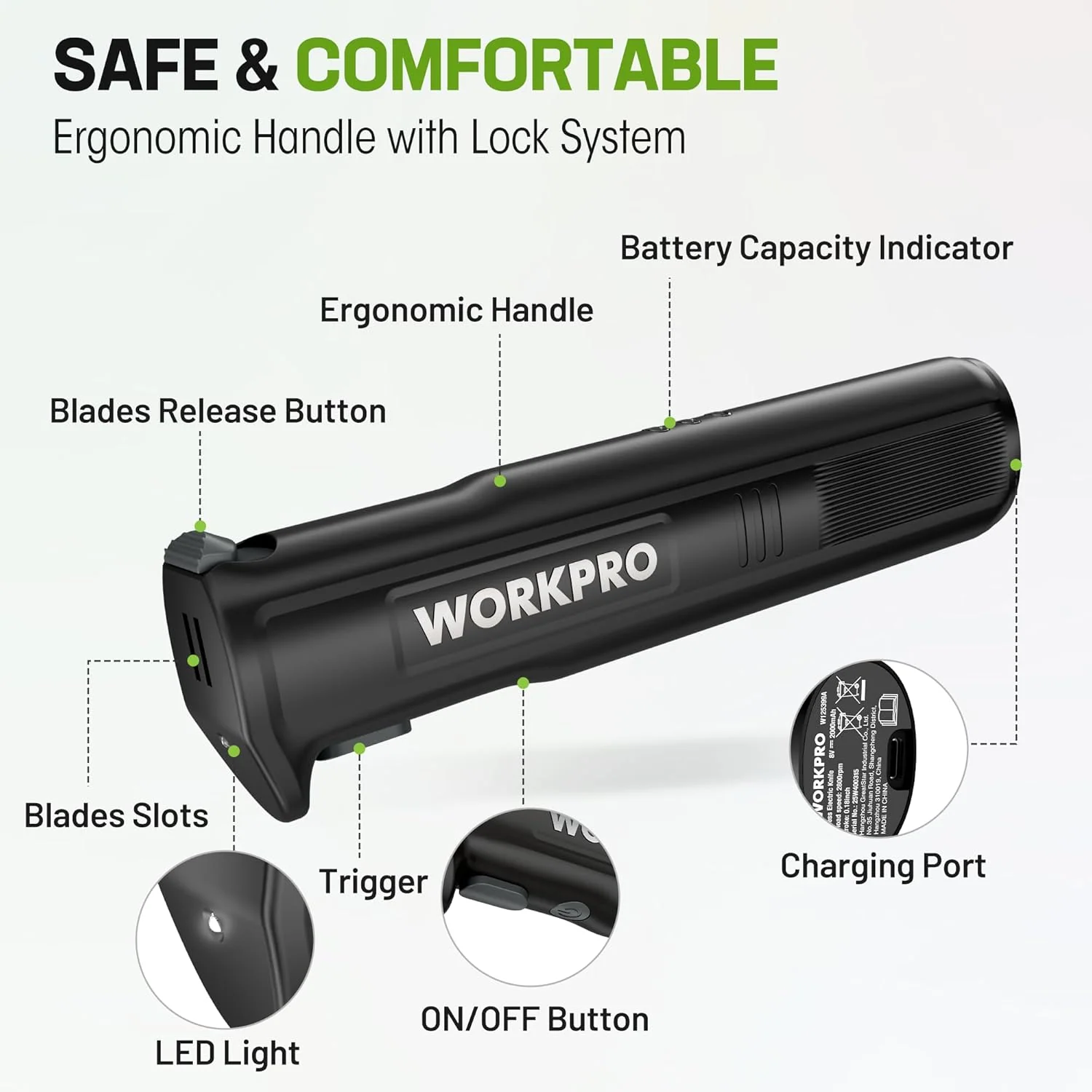 WORKPRO Electric Knife for Meat Slicing, Cordless Electric Carving Knife for Turkey, Fish & Bread, Two Stainless Steel Blades, Ergonomic Handle, Storage Case & Serving Fork Included, Black - Image 7