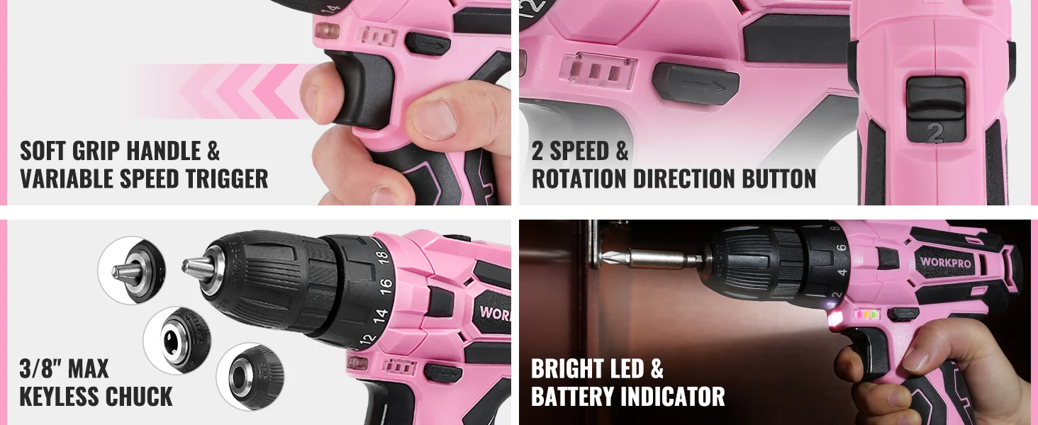 Pink cordless drill with soft grip handle, variable speed trigger, and keyless chuck, shown in close ups