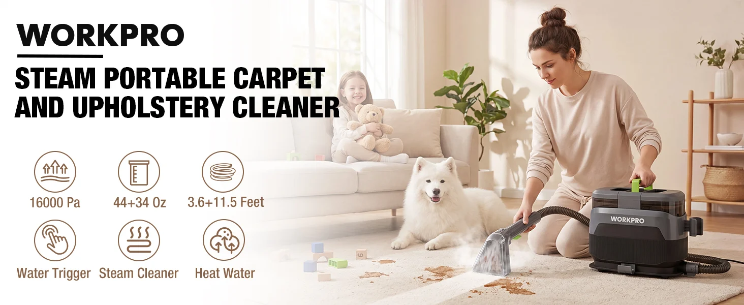 Woman using a steam portable carpet and upholstery cleaner on a light rug with a dog in a living room