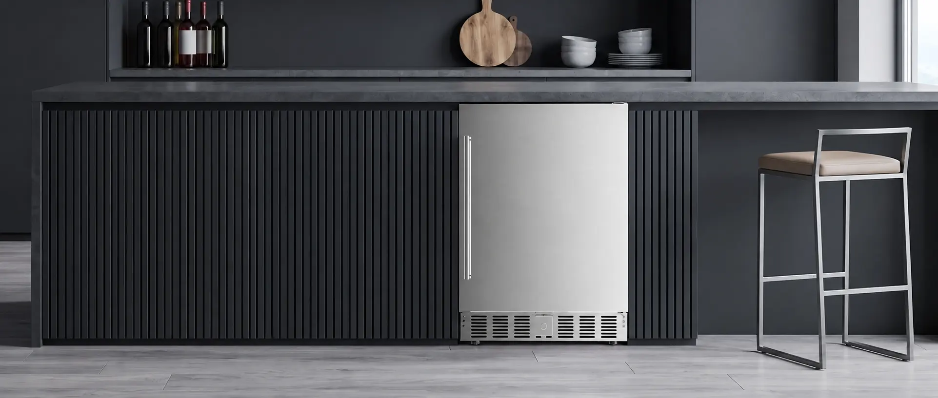 Kismile undercounter beverage refrigerator built into a modern kitchen cabinet